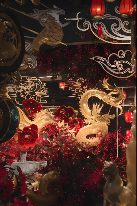 Christmas ornament display with red and gold decorations, Chinese New Year in Shanghai, china silk 3d dragon, Chinese Dragon, a dragon statue made of jade, big red dragon flying above them, Chinese style, chinese dragons fighting, ornate with fiery explosi...