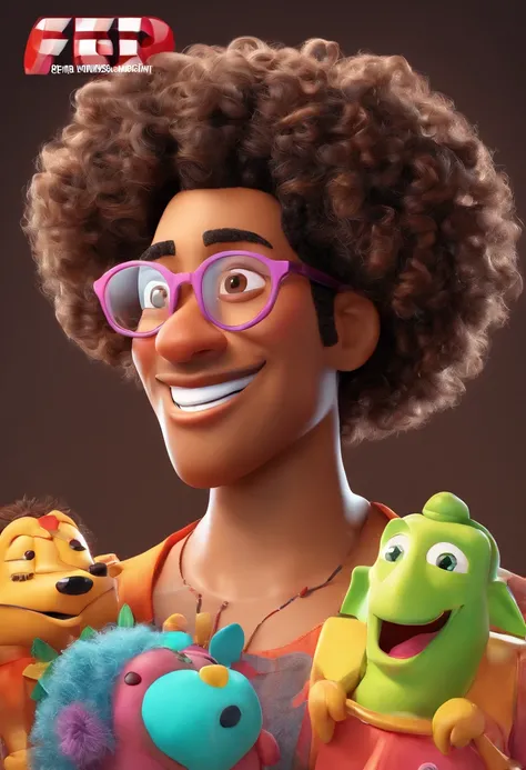 Estilo Pixar: Adult black man with glasses is holding a naked curly haired girl with black eyes and a white woman plus size curly hair with glasses ,3D Poster,Disney