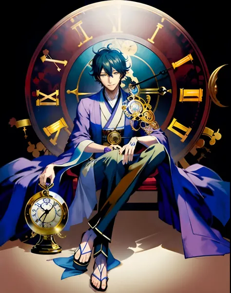 A man sits lying down with a pocket watch, Legs cocked，Hands on your face，, Sitting on a pile of see-through clocks, he smiled wickedly，shigenori soejima illustration, detailed anime character art, ( ( concept art of character ) ), anime full body illustra...