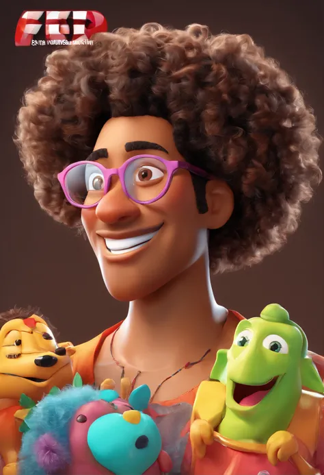 Estilo Pixar: Adult black man with glasses is holding a naked curly haired girl with black eyes and a white woman plus size curly hair with glasses ,3D Poster,Disney