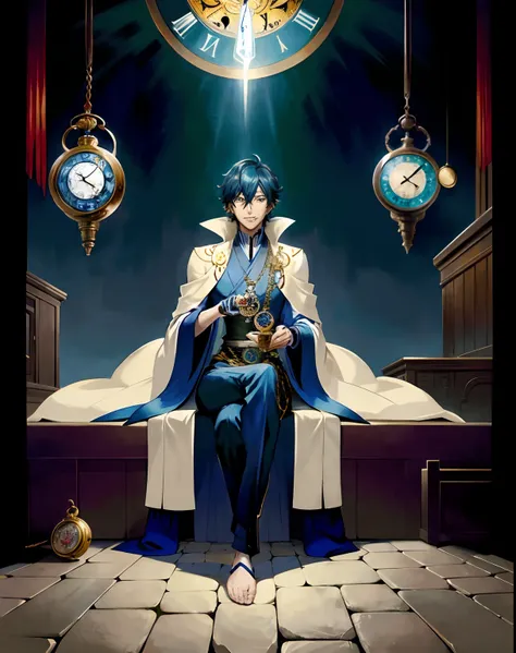 A man sits lying down with a pocket watch, Legs cocked，Hands on your face，, Sitting on a pile of see-through clocks, he smiled wickedly，shigenori soejima illustration, detailed anime character art, ( ( concept art of character ) ), anime full body illustra...