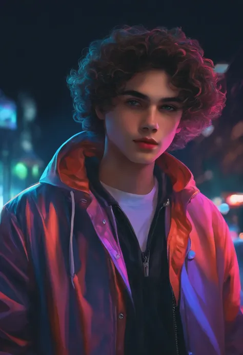 menino, adolescente, morena, curly hair, jaqueta branca com detalhes em neon, Cartoon, anime