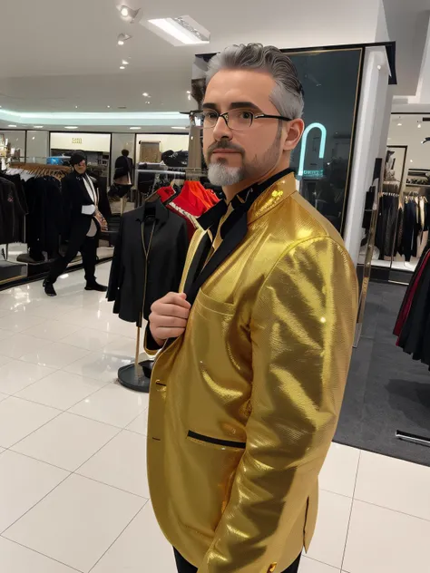 Man in golden jacket standing in a clothing store, terno dourado, em um terno dourado, usando uma jaqueta extravagante, vestindo terno de discoteca, Sam Hyde em terno dourado, terno dourado azul, segurando um ouro! cane!, vestindo um terno masculino colori...