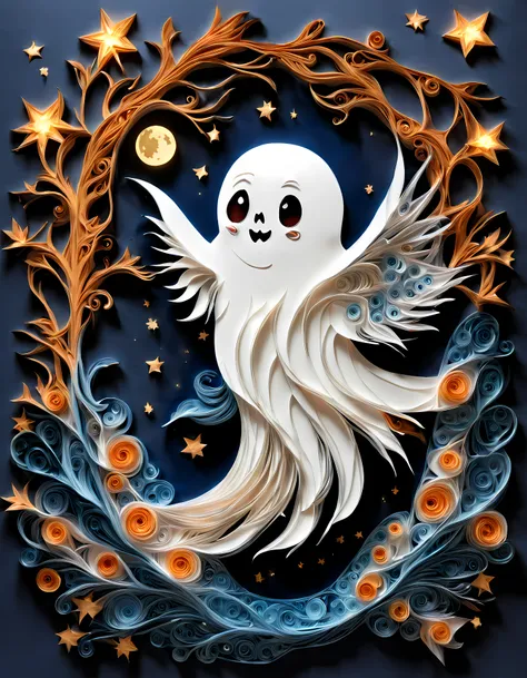 yanzhi,paper quilling, ((view through the crooked branches)), (solo:1.3) (((cute giant ghost))), ((mystical blue flows)), (bats), breathtaking ((starry)) moonlit night, Halloween vibe