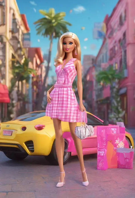 Make another scene with the same style, Barbie is now out of the perfume shop, Now shes holding the perfume store bag, Shes about to get in her car, your car is a Corvette C1, rosa com branco, Corveta C1, She is wearing a pink and white plaid dress and the...