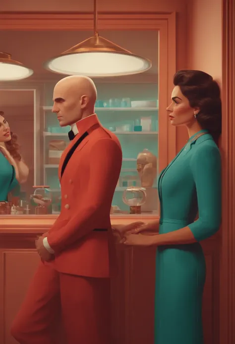 Criar um casal no estilo pixar dentro de um jaleco. Brunette woman and bald man in an aesthetic clinic