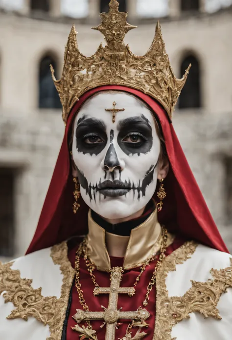 A ((very beautiful)) woman, (skeleton:1.12) makeup, (dressed as the satanic pope, Papal regalia), goth, masterpiece, best quality, perspective, photorealistic, realistic, intricate details