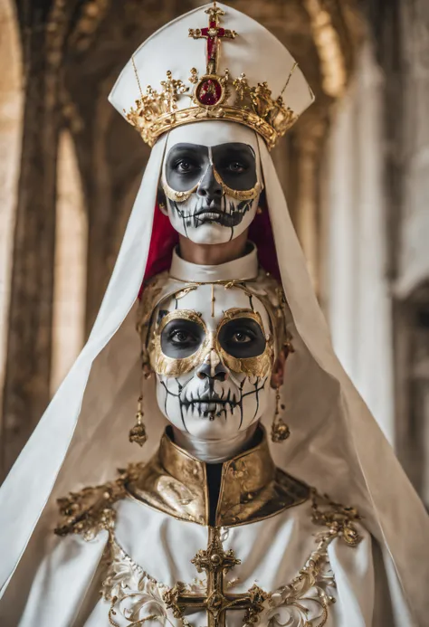 A ((very beautiful)) woman, (skeleton:1.12) makeup, (dressed as the satanic pope, Papal regalia), goth, masterpiece, best quality, perspective, photorealistic, realistic, intricate details