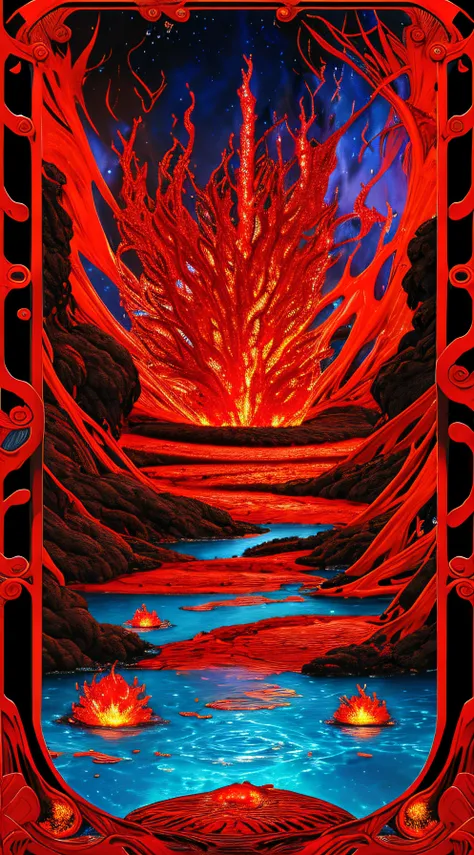 Surreal Tarot Dreamscape: A mesmerizing digital manipulation presenting a dreamscape where a lava become stronge to hell  of tarot cards. The lava reflects a hell, and the cards in the pool depict different scenes representing the dreamers past, present, a...