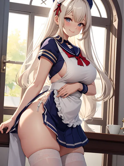 top-quality、realistic touch,high-detail、photoRealstic、 Erotic sailor suit、High school students、Long body、Sheer costumes、skirts that are too short、Not wearing underwear、big eye、long lashes、Long upper eyelashes、platinum-blonde、cute little、Beautie、A sexy、full...