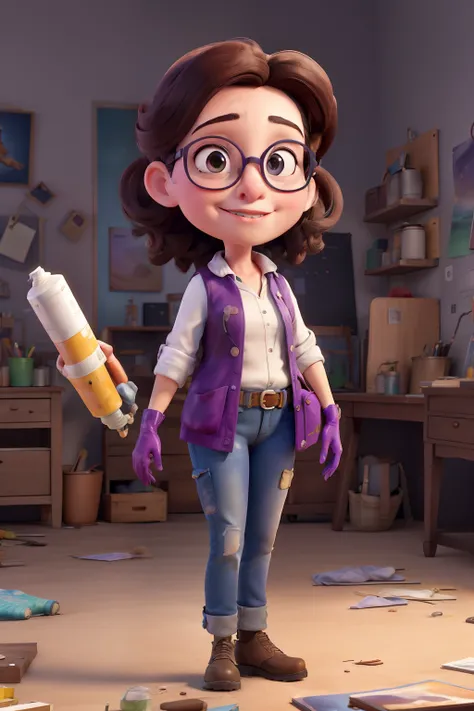 A white woman with dark hair wearing pink glasses, Gas mask with filter, and purple latex gloves, Standing in a craft studio with Harry Potter blouse and jeans

(best quality, 4k, Altas, master part:1.2), ultra-detalhado, (Realistic, fotorrealista, photo-r...