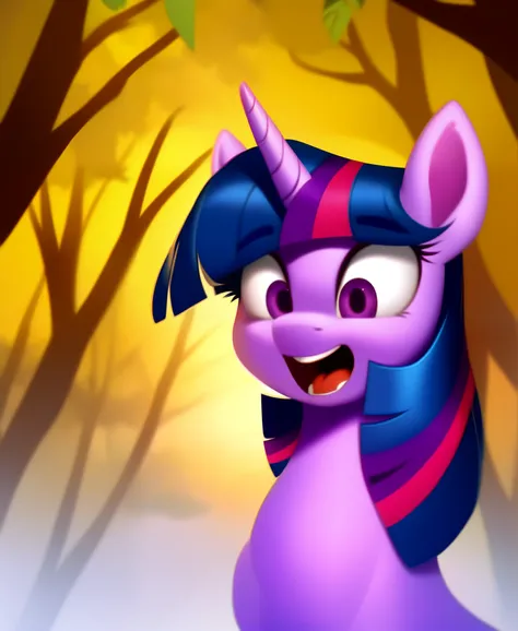 score_9, feral pony twilight sparkle, portrait, solo, crazy face, background forest