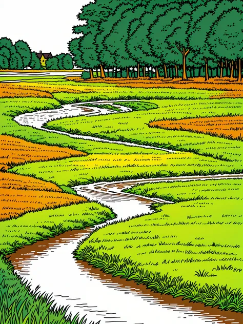 Line art in warm colours, small river, in a field, summer, sunny afternoon, (ligne claire, strong lines, no hatching), in the style of Franco-Belgian comics, in the style of fantasy comics, by Edgar P. Jacobs, by Herge, by Jacques Martin