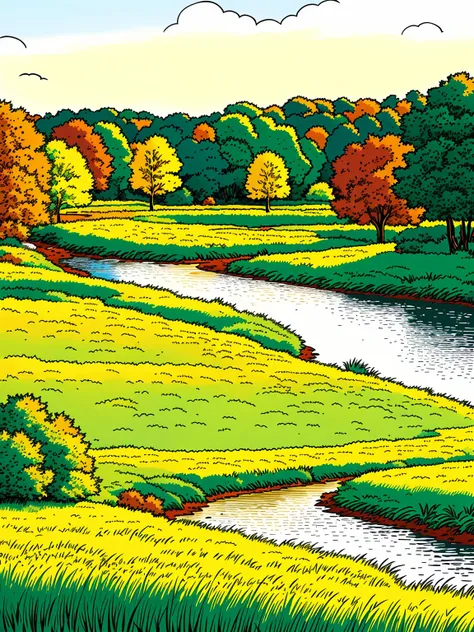 Line art in warm colours, small river, in a field, summer, sunny afternoon, (ligne claire, strong lines, no hatching), in the style of Franco-Belgian comics, in the style of fantasy comics, by Edgar P. Jacobs, by Herge, by Jacques Martin