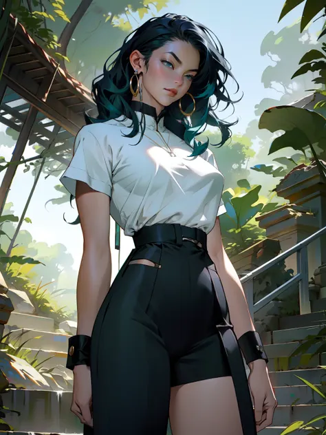 ((Best quality)), ((masterpiece)), ((realistic)), ((beautiful female martial artist)), (milf:1.3), (arrogant woman:1.4) standing tall, her slender form glistening in the golden rays of a summer sunrise. Her eyes, a captivating shade of emerald, pierce thro...