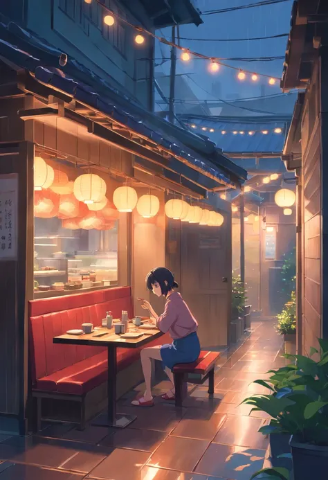 Japanese restaurant, A girl sits at a dining table, Look at the phone in your hand，Shed tears，The lights came from behind， Flower tea on the table ,sushi，Its a rainy day outside the window.