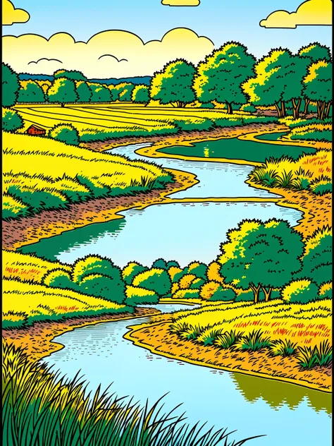 Line art in warm colours, small river, in a field, summer, sunny afternoon, (ligne claire, strong lines, no hatching), in the style of Franco-Belgian comics, in the style of fantasy comics, by Edgar P. Jacobs, by Herge, by Jacques Martin