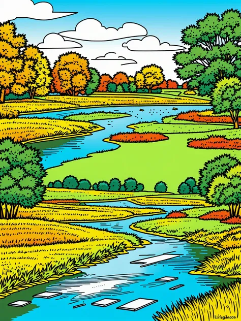 Line art in warm colours, small river, in a field, summer, sunny afternoon, (ligne claire, strong lines, no hatching), in the style of Franco-Belgian comics, in the style of fantasy comics, by Edgar P. Jacobs, by Herge, by Jacques Martin