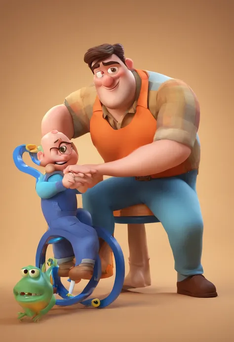 Estilo Pixar: The grown man is holding a naked blue-eyed boy and in his other hand he is holding a pair of scissors and is trying to cut off the boys testicles,3D Poster,Disney