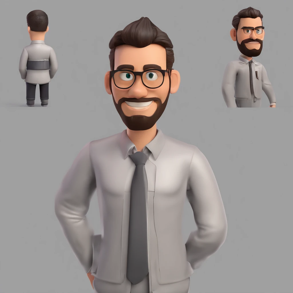 Criar um personagem no estilo Pixar. Trata-se de um homem de 30 anos, com barba, Branco, com cabelos castanhos curtos e um quiff, e olhos castanhos. Ele deve estar na frente de um computador, Trabalhar como designer