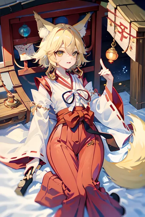 Fox ears、Fox tail、Yellow hair and eyes、shrine maiden clothe、shrines、Looks like a little girl、Bewitching、Deities々Right、Detailed finger、