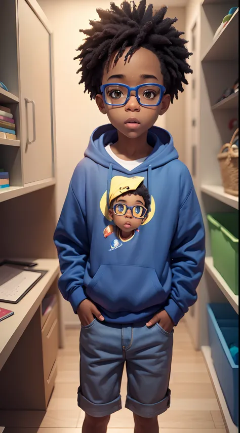 A cute african american boy mixed wearing glasses, The Adventures of the Goggle Squad, ....3d, 3K, 8k, Pixar, Desbotamentos Transparentes, altamente detalhado, Adding Various Outfits and Matching Hairstyles, Blue Hoodie Series