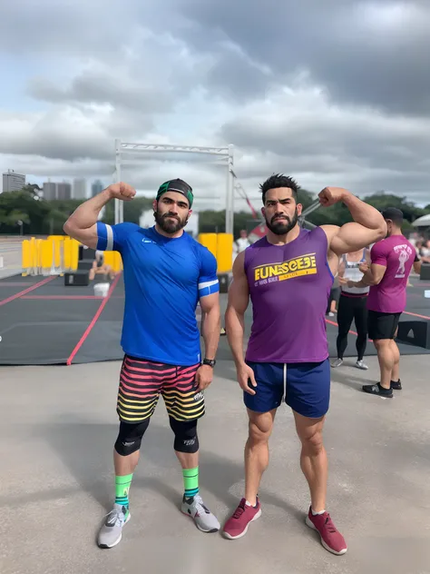 Two men standing in a Crossfit championship with their arms up, musculoso! CrossFit, athletic crossfit build, incrivelmente forte e alto, carregando duas barras, olhar orgulhoso, forte e alto, 2 0 2 2 foto, JoSan Gonzalez e Tyler Edlin, suave em _ O pano d...