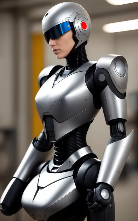 female Robocop Late 40s Brown hair Expressionless Emotionless Metallic armor Helmet comes off and electronic brain is exposed Elbow bent at 90 degrees, fingers extended Forward leaning posture