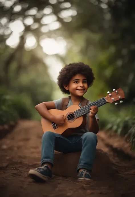 crie um banner no estilo Pixar. A boy with Brazilian features, moreno pardo com cabelos curtos pretos e levemente acinzentado, mas jovem, usando uma camiseta, Wearing jeans and holding a classic ukulele with 4 strings.