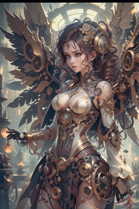 (Best quality,4K,A high resolution,Masterpiece:1.2),Ultra-detailed,(Realistic:1.37) closeup Girl with mechanical parts,steampunk wind,Delicate gear details,Brass gears and gears,Beautiful and intricate design,(Mechanical wings),Glowing eyes and glowing tat...