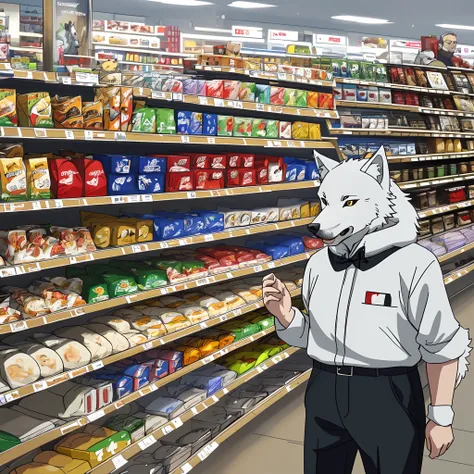 Wolf as customer at shopping an checking shelves، wolf at shopping