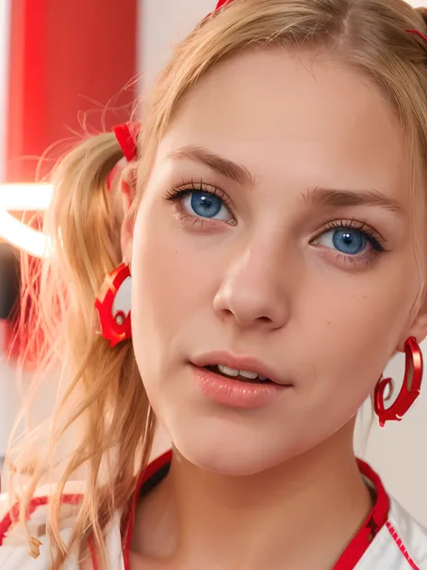 a European british girl, ,blue eyes, Blonde both side ponytails,red earrings, red effect,dumb expression