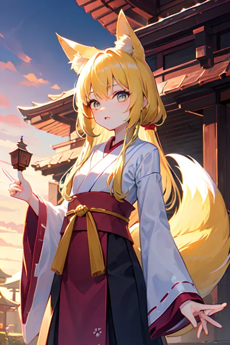 Fox ears、Fox tail、Yellow hair and eyes、shrine maiden clothe、shrines、Looks like a little girl、Bewitching、Deities々Right、Detailed finger、