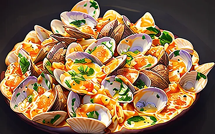 there was a bunch of clams on the plate，the sauce is placed on top, shells, abalone, close up photograph, delicacy, food photogr...