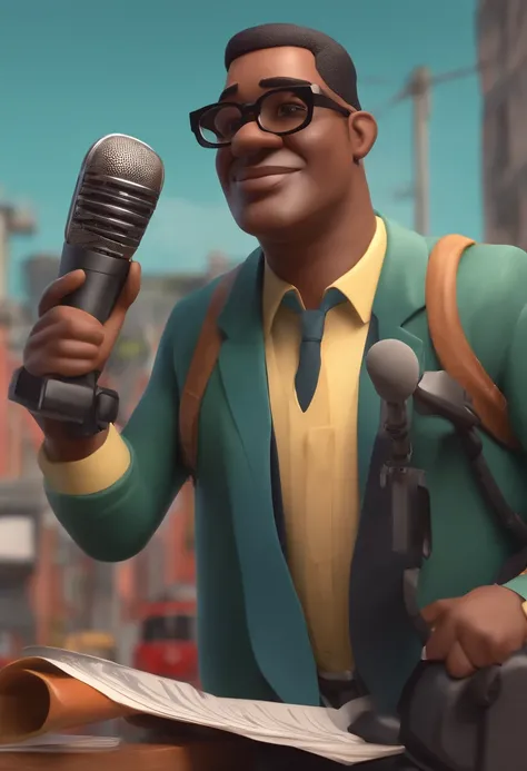 Cartoon character of a man with black glasses, Reporters Outfit, microphone in hand, estilo jornalista esportivo, em 3d