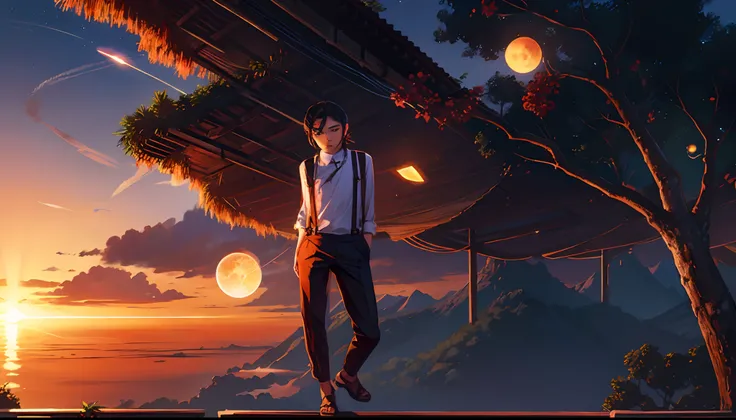 the sunset，eventide，middle parted hairstyle，Suspenders，meteors（Swipe left），Lychee tree，Five fingers are normal and clear，Feet on the ground