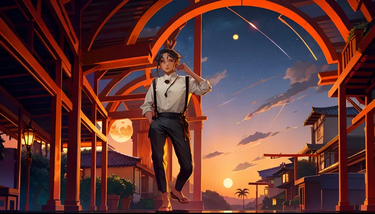 the sunset，eventide，middle parted hairstyle，Suspenders，meteors（Swipe left），Lychee tree，Five fingers are normal and clear，Feet on the ground