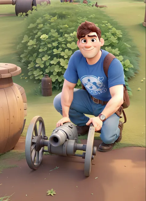 A Disney Pixar style man crouching on the grass with an antique cannon, alta qualidade, melhor qualidade