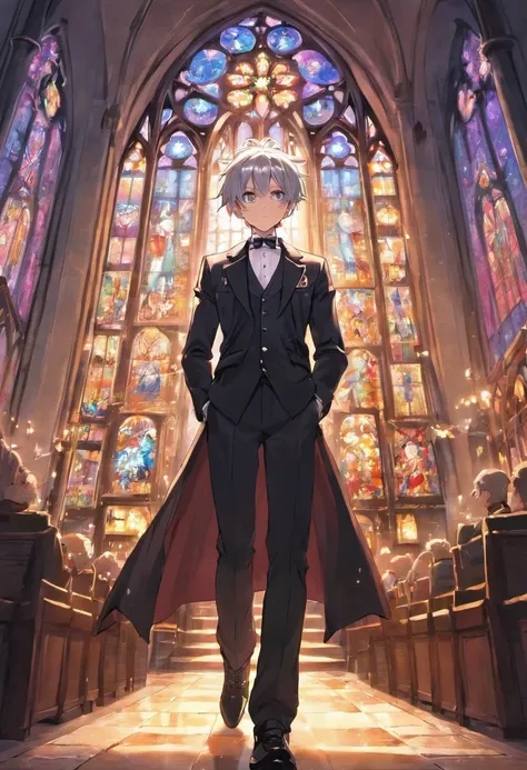 Silver-haired beautiful boy with spiked hair、tailcoat、Inside a church with stained glass、moonlights、Flowers scattered on the floor