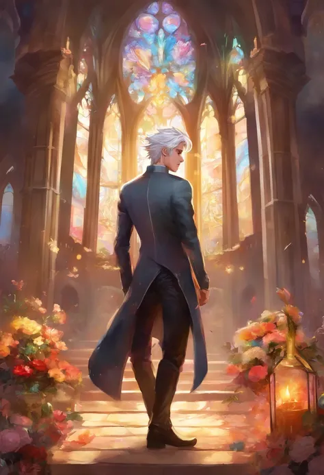 Silver-haired beautiful boy with spiked hair、tailcoat、Inside a church with stained glass、moonlights、Flowers scattered on the floor