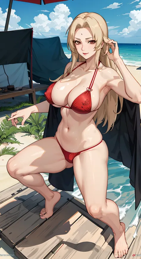 "Tsunade, NSFW, on the beach, big breasts, red bikini