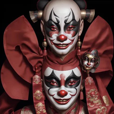 ((close-up of a bald sichuan drama clown mask), （bald-headed：1.37），closeup of face，（hideous laughing emoji），big red nose，big red...