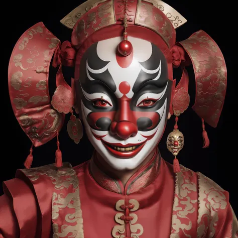 ((close-up of a bald sichuan drama clown mask), （bald-headed：1.37），closeup of face，（hideous laughing emoji），big red nose，big red...