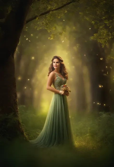 1meninas, ,,Sorriso de Simper, high-definition picture, uma mulher, seus cabelos adornados com vagalumes brilhantes, olhos cintilantes de encantamento. Vestido com um vestido feito de luar tecido, She is in a mystical forest where trees come to life. A cen...