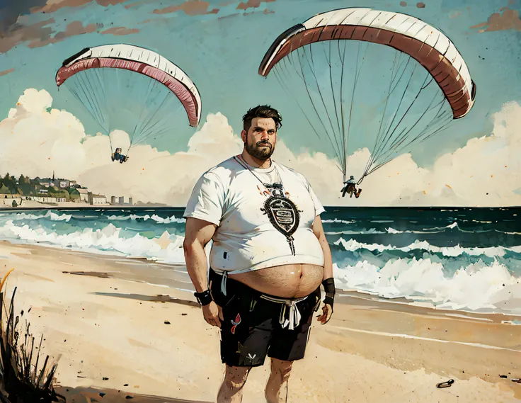 Theres a man standing on the beach with a parasail in the background, Alexey Egorov, inspirado em Tim Doyle, Alejandro Burdiso Arte Estilo, Lowres, humorous illustration, Batman Gordo, fan art, Estilo arzach de quadrinhos, Maxim Sukharev, Estilo de GTA V o...