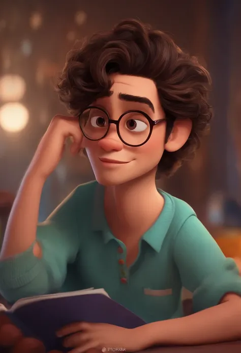 personagem de desenho da Disney Pixar, moreno, with glasses and wavy hair, fofo e emo