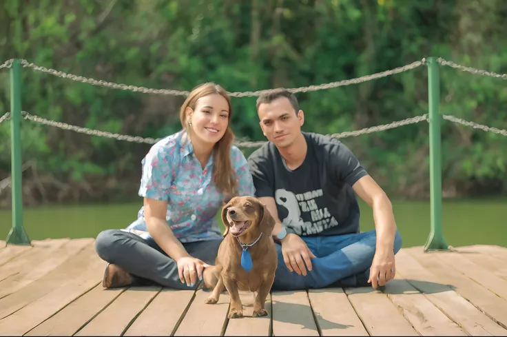 There are two people sitting on a dock with a dog, Malika Favre, Directed by: Samuel Silva, adulto, belos arredores, Directed by: Judith Gutierrez, Directed by: Felipe Seade, enfeitado, pet animal, Pets, family portrait, crisp detail, Nick Silva, full prot...