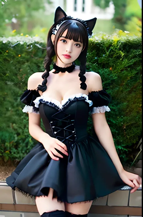 Girl in a black cat costume、large full breasts、beautiful foot、、、Good Style、、a miniskirt、Black Gothic Lolita Fashion、Choker with bell、cat ear、Quiet