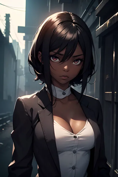 Hot (black) girl, blank eyes, Dominant demeanor, wearing detective clothes, petite, small chest, high quality, Highly detailed, horror atmosphere, eerie, dark fantasy