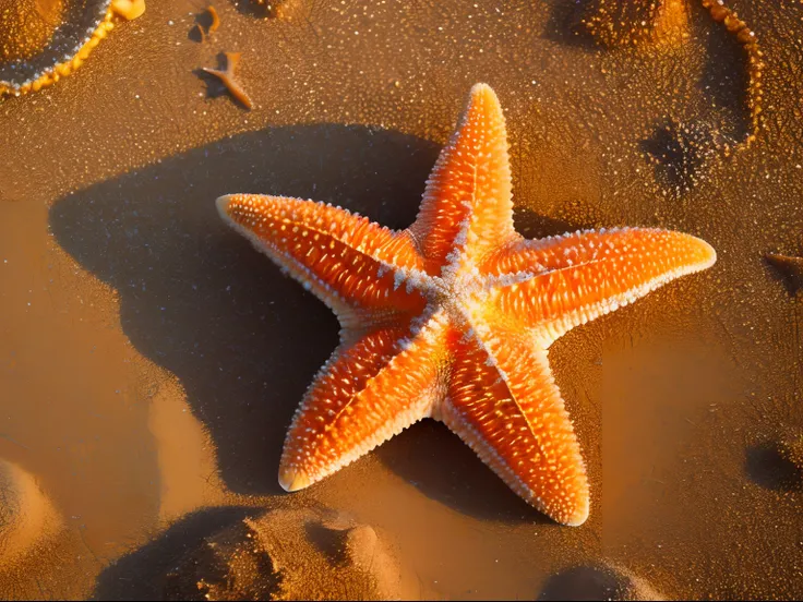 high quality, 8K Ultra HD,an orange starfish on the beach , nature, hyper realistic, sunset, shells, by yukisakura, high detailed